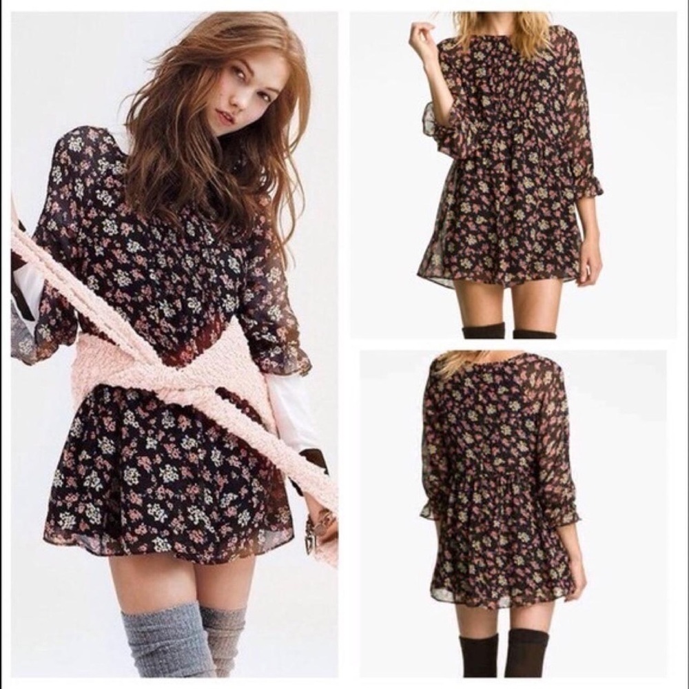 Free People Doll Pants Chiffon Baby Doll Ditsy Floral Dress w/ Smocked Bodice 2